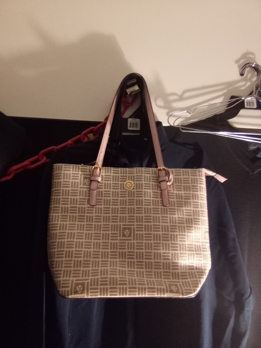 Beige Patterned Tote Bag with Pink Straps